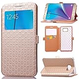 Note 5 Case, Galaxy Note 5 Case, ArtMine Quilted Plain Color View Window Function PU Leather Flip Folio Book Style Protective Skin Stand Phone Case Kickstand Feature for Samsung Galaxy Note 5(Golden)