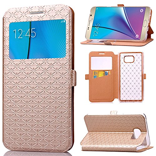 Note 5 Case, Galaxy Note 5 Case, ArtMine Quilted Plain Color View Window Function PU Leather Flip Folio Book Style Protective Skin Stand Phone Case Kickstand Feature for Samsung Galaxy Note 5(Golden)