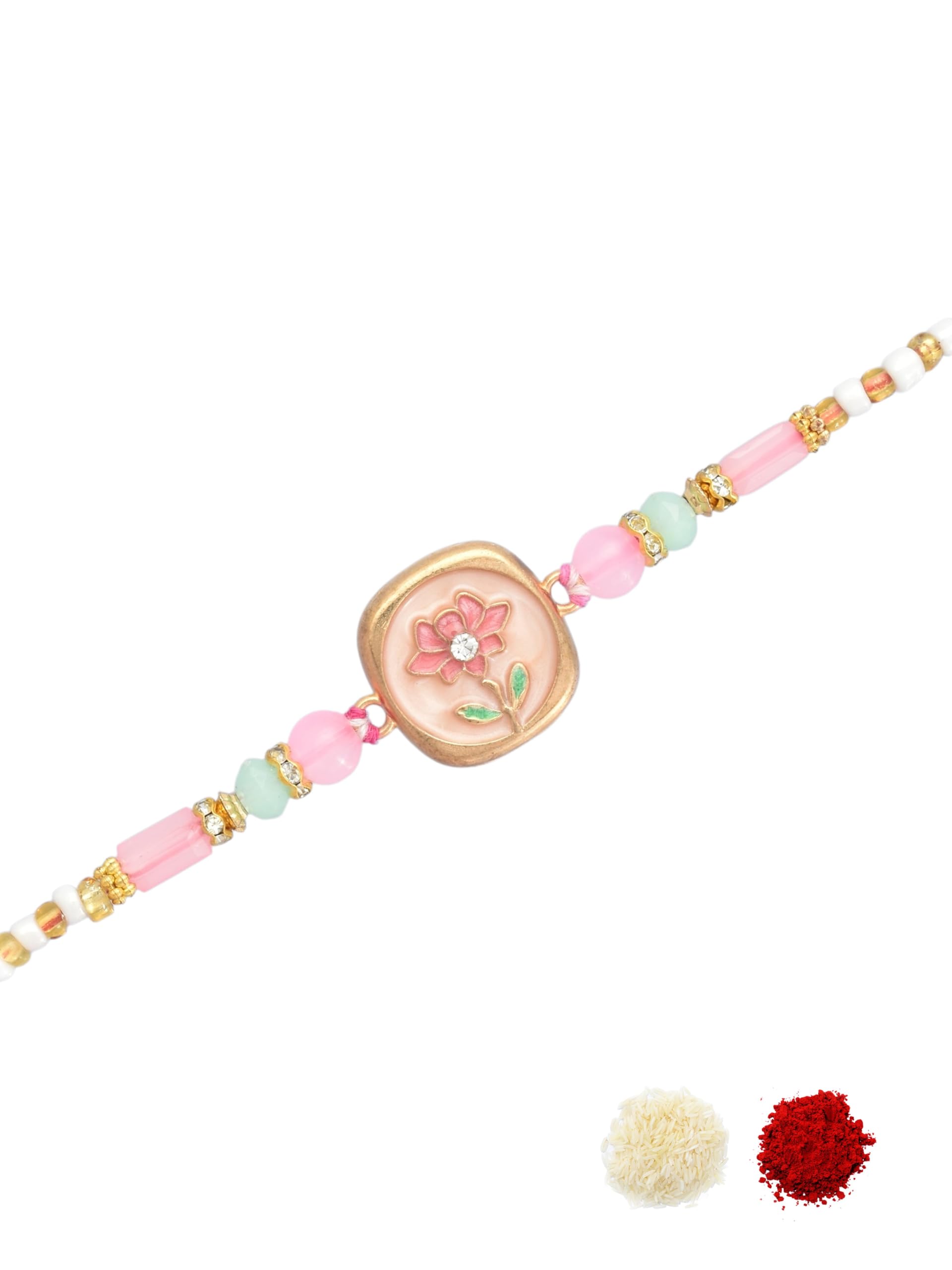 Pink Floral Design Soft Pink & Mint Bead Detailing, Enamel work, Traditional Cotton Thread Pack of 1 Rakhi for Raksha Bandhan Includes Roli Chawal & Greeting Card Set-79-image-26