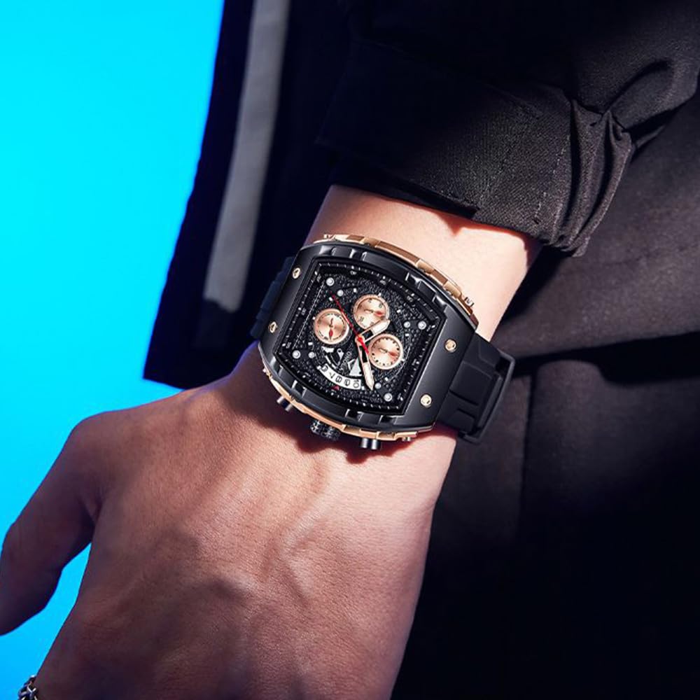 TIME100 Zegarek dla mężczyzn Chronograf Kalendarz Kwadratowa Twarz Świecący Styl Punkowy Wielofunkcyjny Pod-Tarcza Męski Szkielet Tonneau Zegarek Regulowany Silikonowy Pasek, Czarne i różowe złoto,