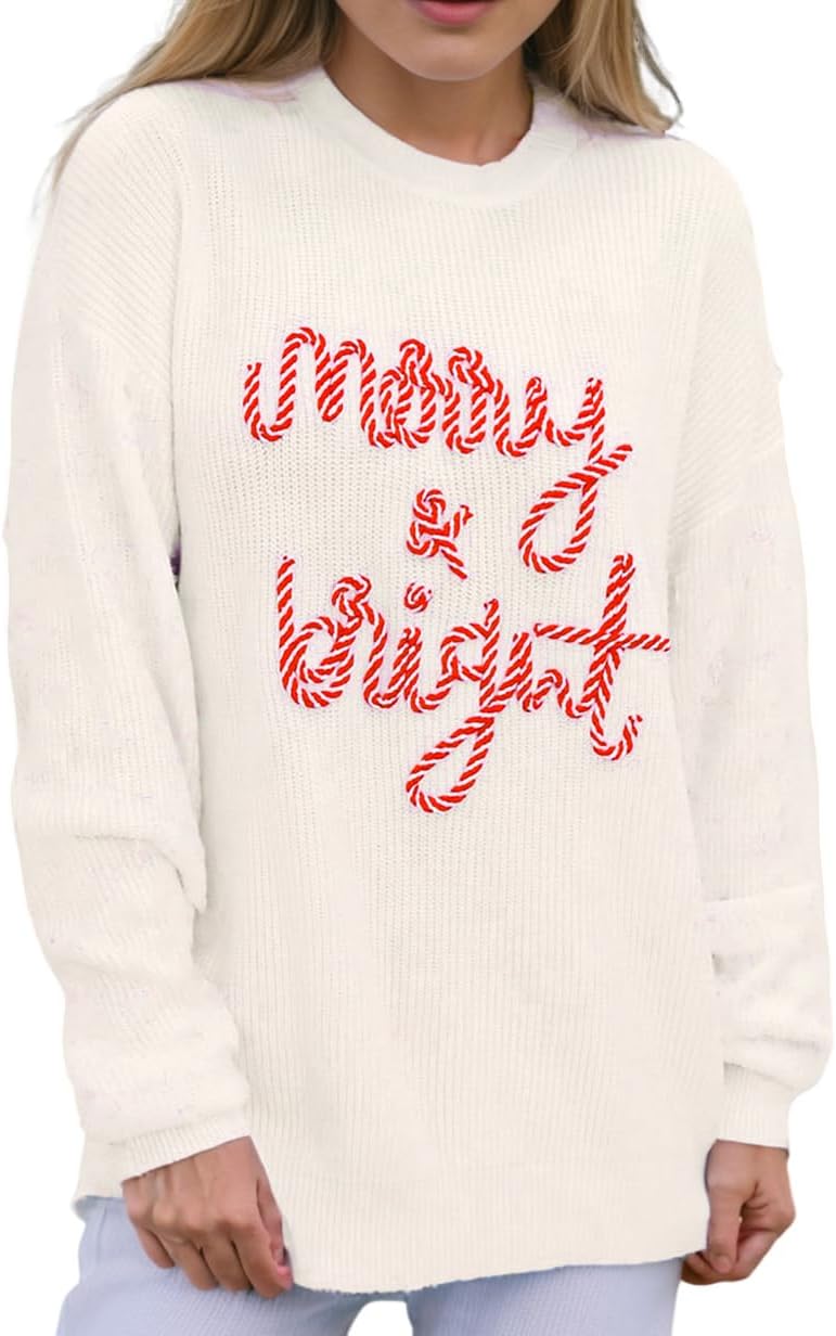 Women's Pullover Sweater Christmas Crewneck Long Sleeve Merry and Bright Letter Embroidery Oversized Tunic Tops