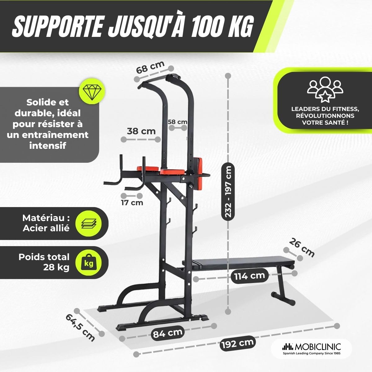 Mobiclinic®, Station de Musculation avec Banc, 9 en 1, Pliable, Domifit, Réglable 8 Hauteurs, Barre Traction, Banc Incliné, Support pour Haltères, Multifonction, Antidérapant, Rembourré