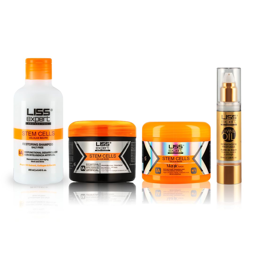 Liss Expert Kit Alisado Células Madre IA - Incluye Shampoo, Mascarilla Magic Mask y Aceite Divine Oil - Tratamiento Capilar Anti-Frizz y Restauración Profunda