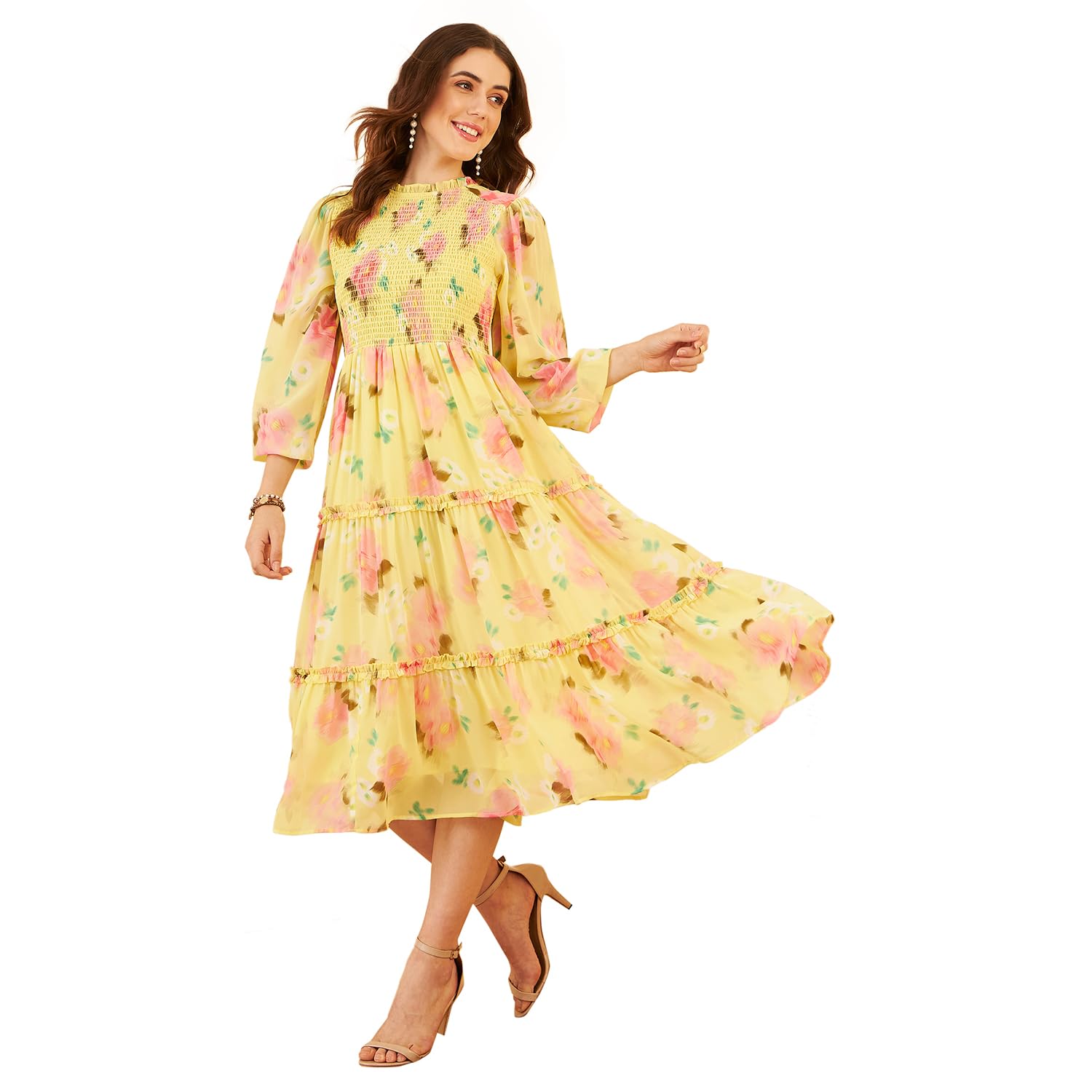 Rare Women's Georgette Fit And Flare Midi Dress (Ep7537E_Yellow