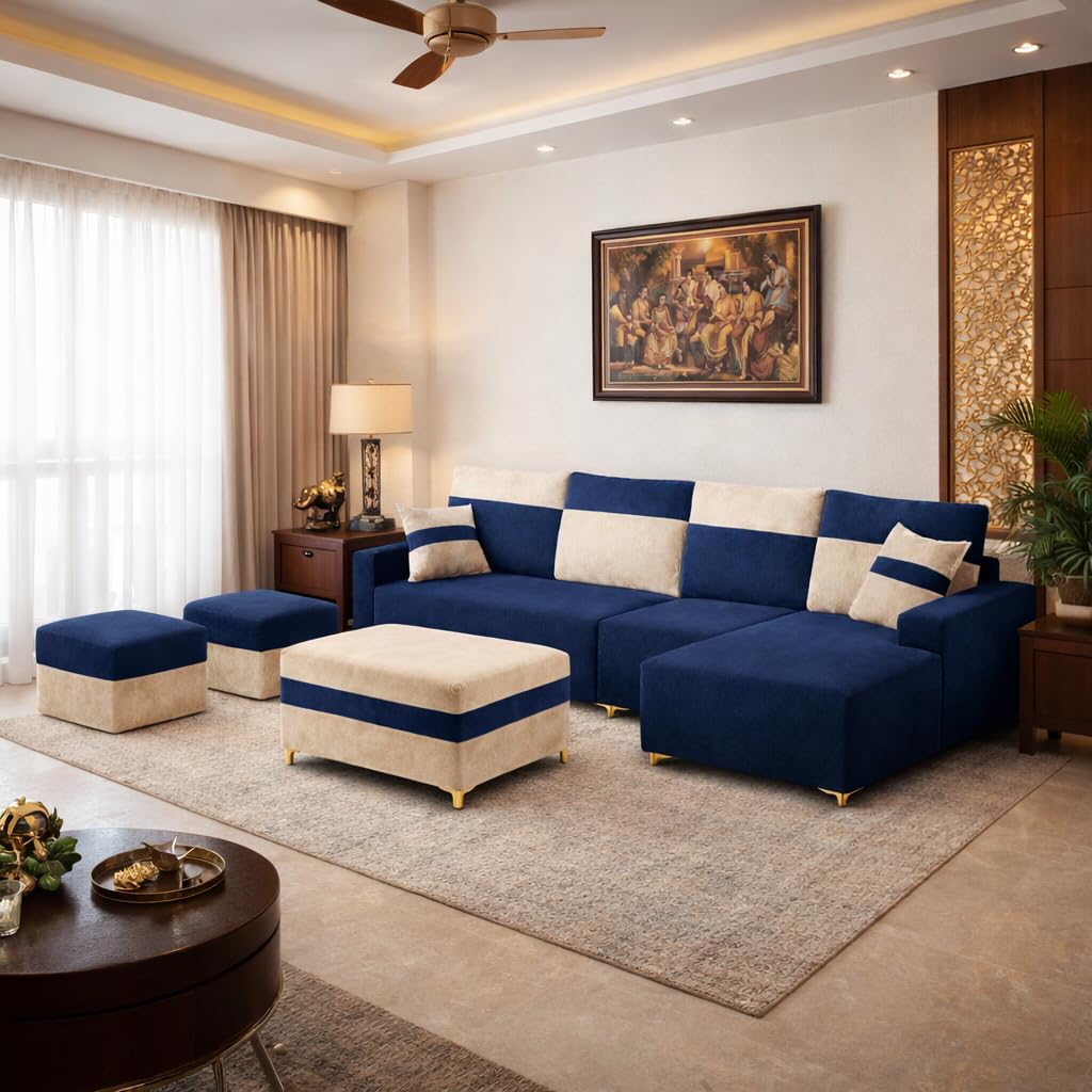 Titan Dual Tone Plush Velvet 8 Seater RHS L Shape Lounger Sofa Set | Silken Velvet Suede Upholstery | Golden Metal Legs | Luxury Sectional Sofa for Large Living Rooms (Dark Blue & Cream)-image-24