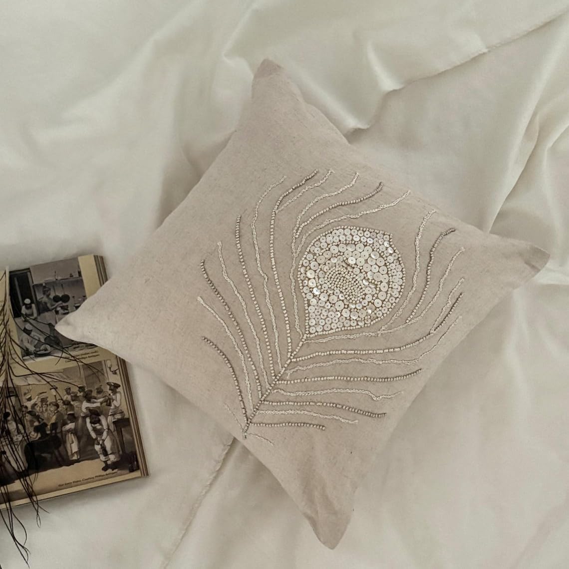 The HomeCentric Pillow Cover, Natural Beige European Pillow Covers 26x26 inch (65x65 cm) Linen Euro Pillow Shams, Birds, Peacock Feather, Art Deco, Mother of Pearl Easter - Pearly Peacock Feather