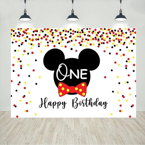 Telón de fondo de ratón para niños diseño de lunares negros y rojos y dorados decoración de fiesta de feliz cumpleaños suministros de pancarta 5 x 3