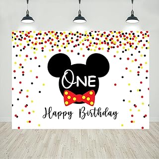 Mouse 1st Birthday Backdrop for Boys Black Red Gold Dots Happy Birthday Party Decorations Kids Cake Table Banner Supplies 5x3ft