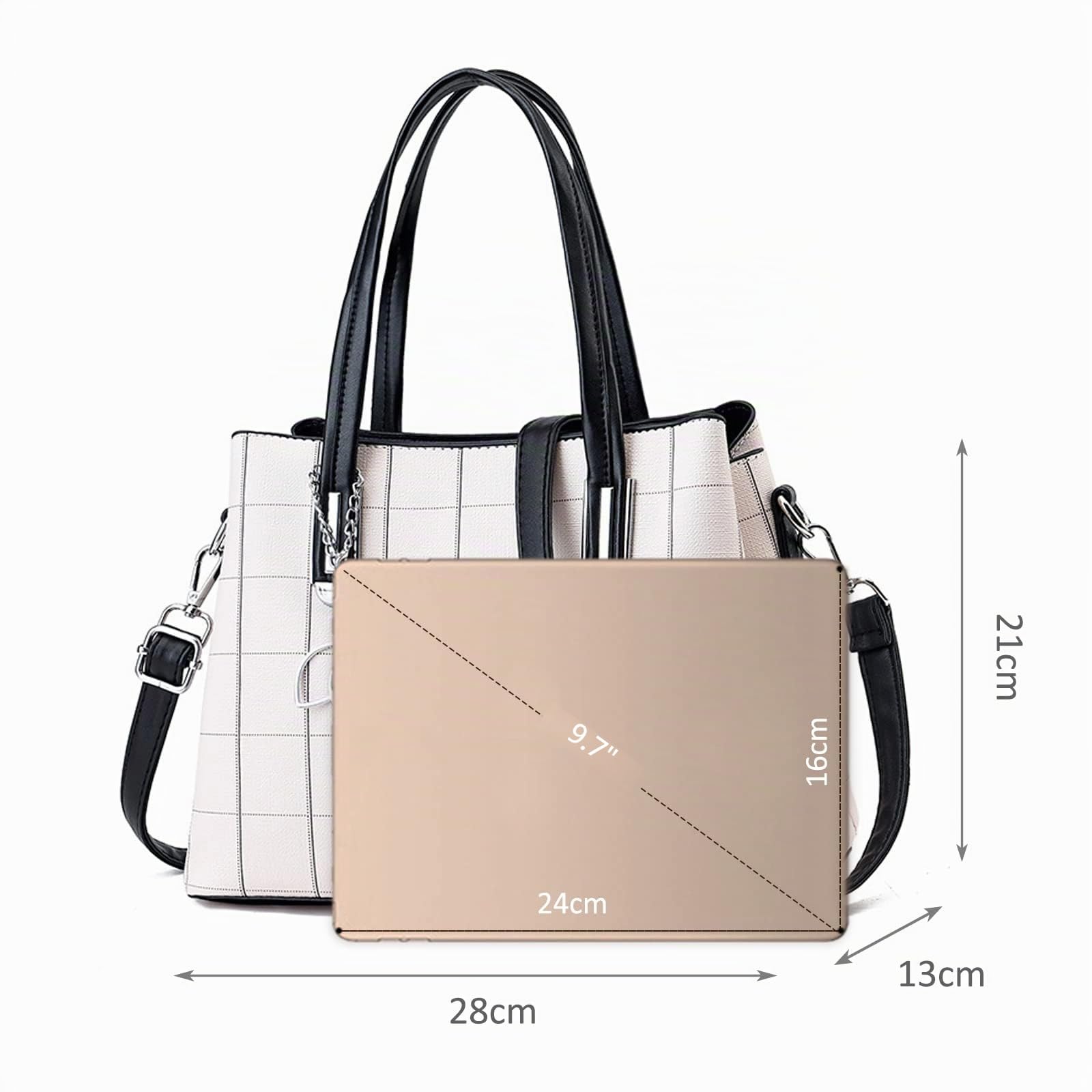 NICOLE & DORIS Bolsos Mujer Elegante Bolso Señora Tote Bolso Bandolera Cuero PU Bolso a Cuadros Clásica Bolsos de Mano Crossbody Blanco con Negro