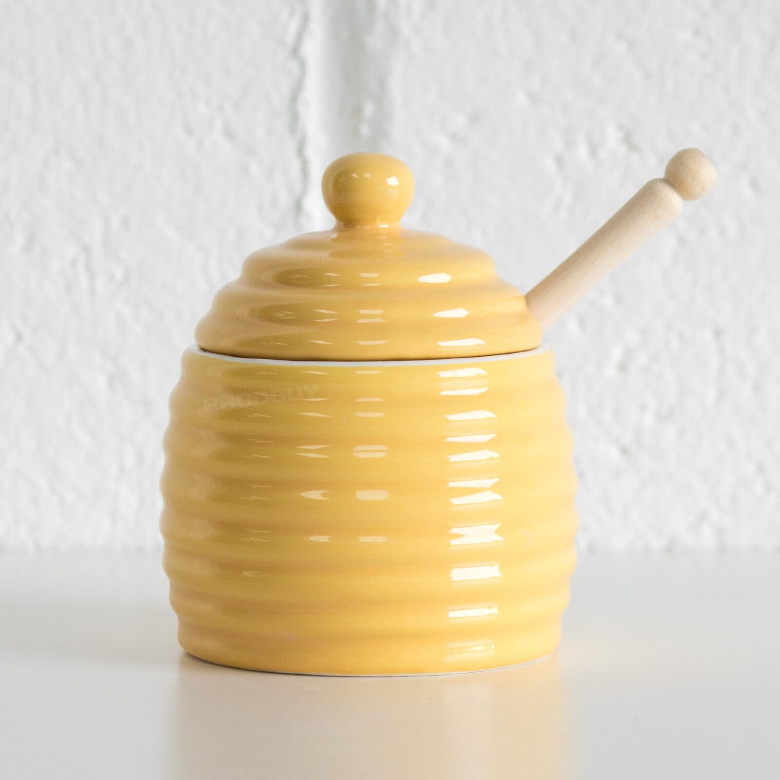 Darthome Yellow Beehive Ceramic Honey Storage Pot With Wooden Dipper Jar Container Drizzler (Yellow)