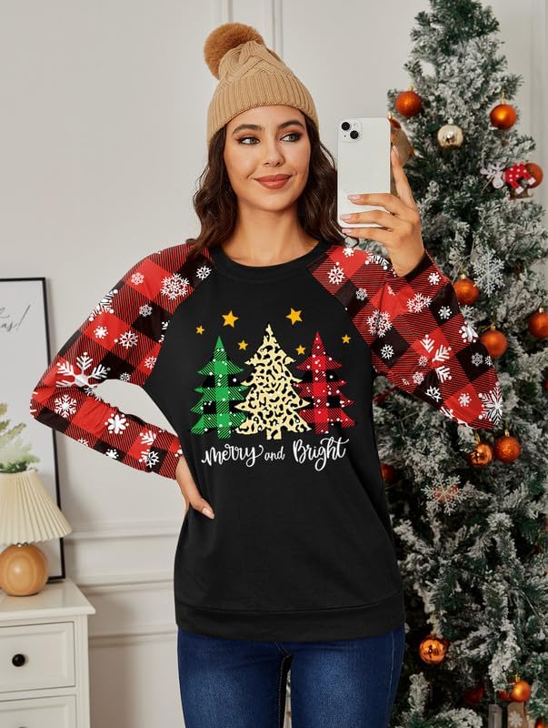 Christmas Womens Letter Print Raglan Shirt Long Sleeve Sweatshirt Buffalo Plaid Snowflake Tree Merry and Bright XXL