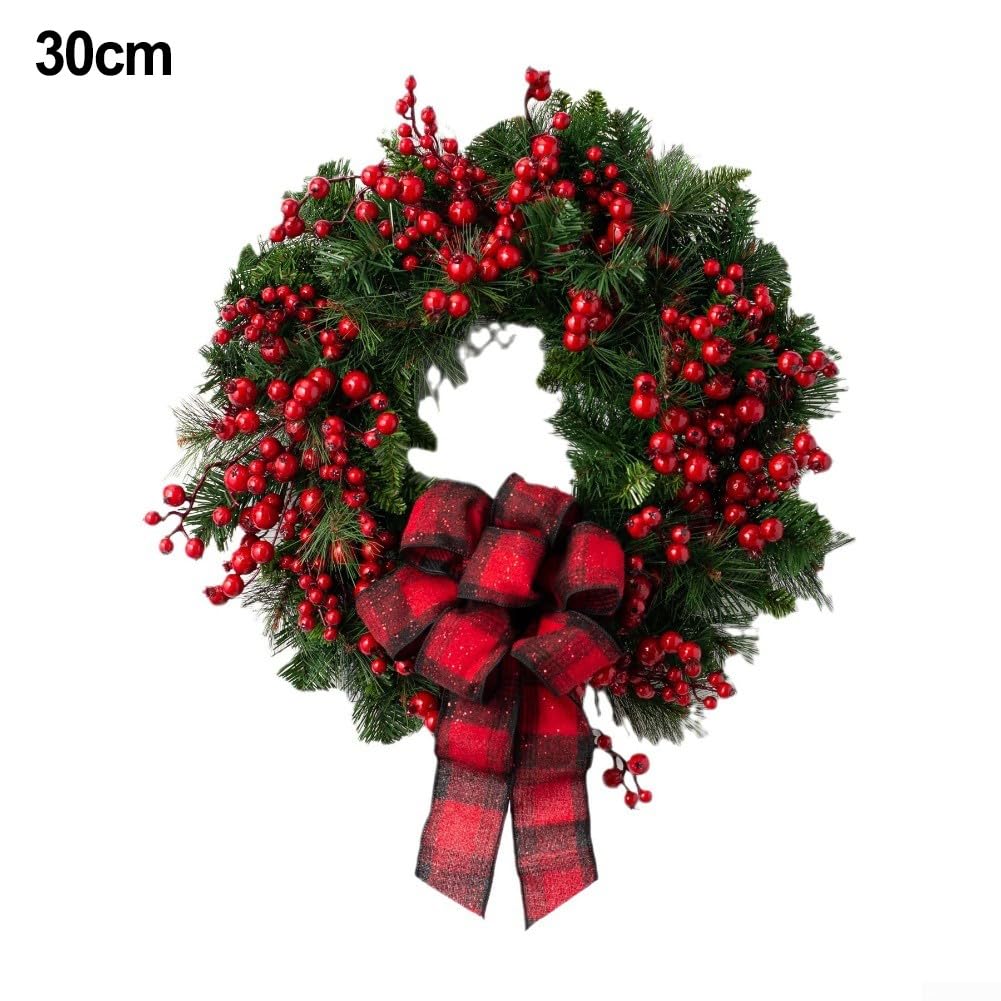 Couronne de vacances avec baies de houx rouges artificielles, conçue pour porte et mur, décoration saisonnière résistante aux intempéries (30 cm)