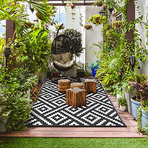 Image of GENIMO Outdoor Rug, Waterproof Plastic Rugs for Patio, 5'x8' Black White