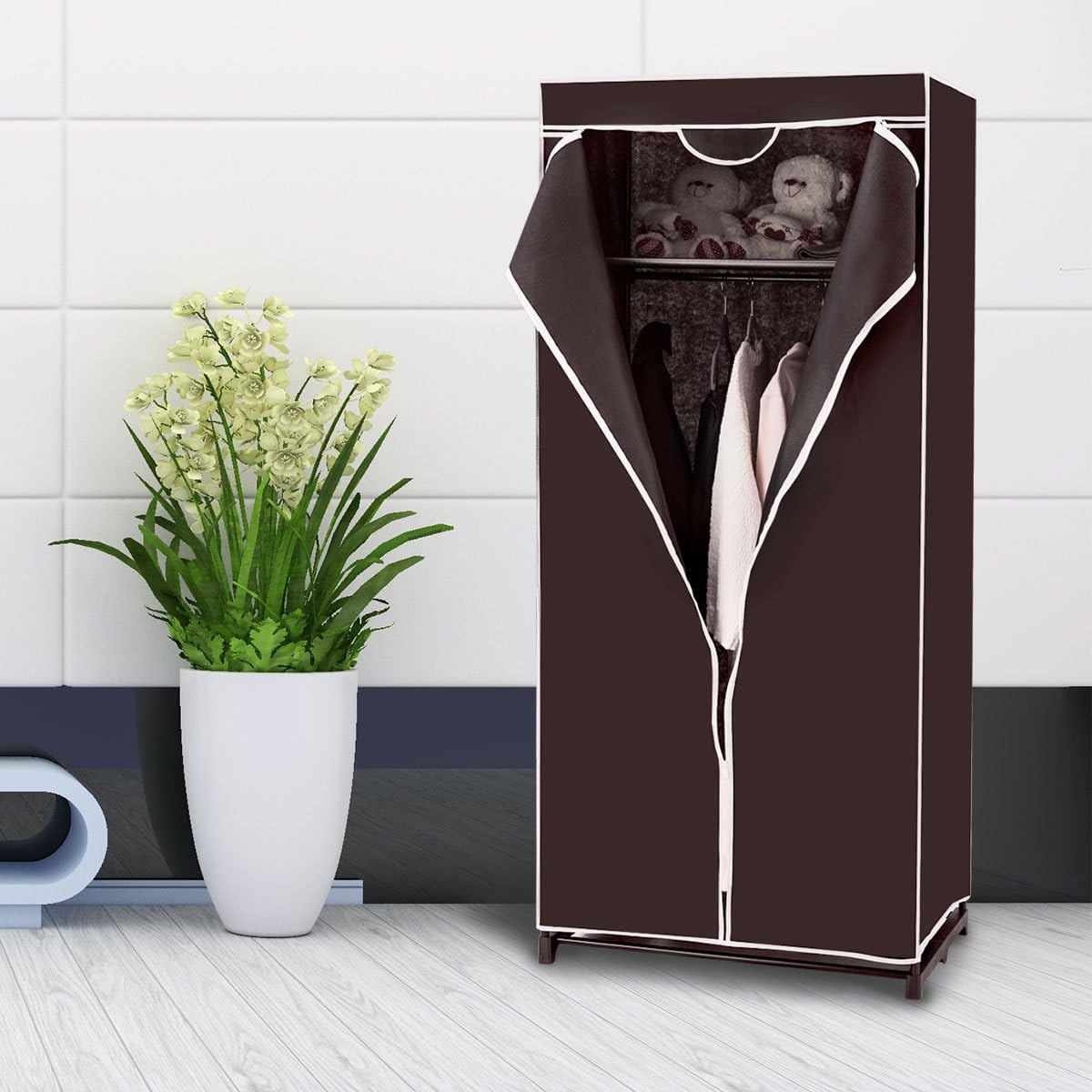 FANTASK Penderie en Tissu avec Tringle à vêtements et étagère - Armoire Pliante en Tissu - pour Salon, Chambre à Coucher, Cave - 74 x 50 x 172 cm - Marron