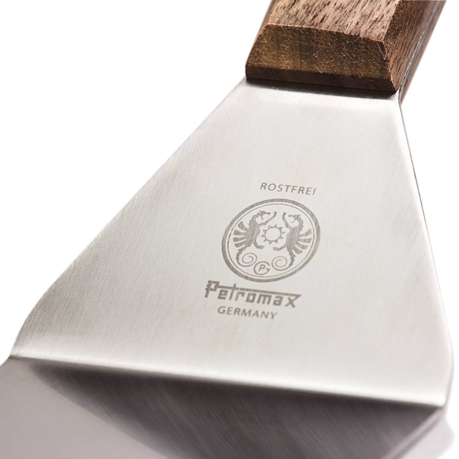 Petromax Flexible Stainless Steel Spatula, Flex2 Model with Wood Handle for Kitchen or Camping, Tapered Blade and Wood Handle, 17.7