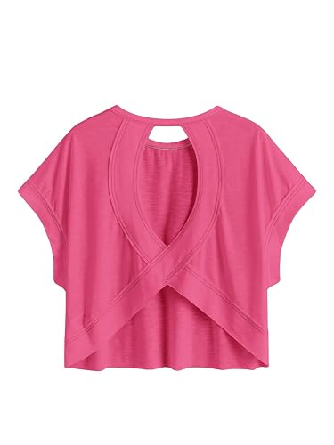 SOLY HUX 2024 Open Back Tops for Women Criss Cross Cut Out Tee Backless Casual Short Sleeve Round Neck T Shirt - X-Small - Plain Hotpink