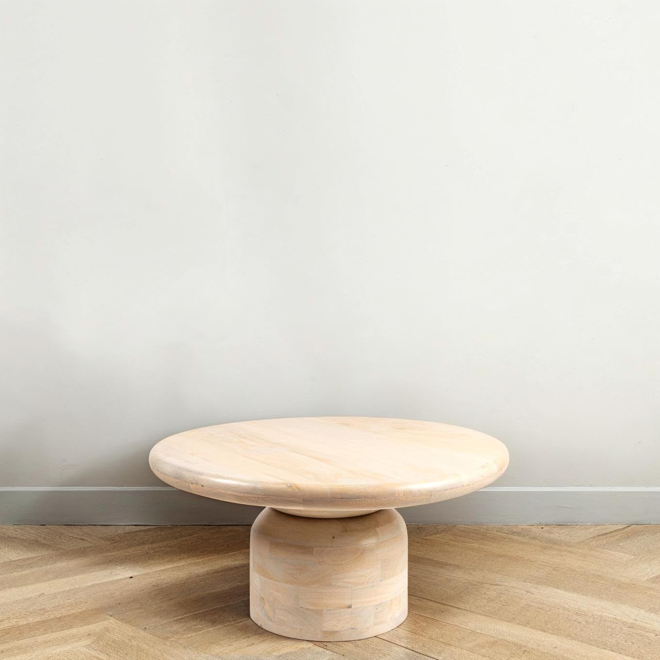 Creative Co-Op Round Mango Wood Coffee Table with Stacked End Grain Base, Whitewashed Finish