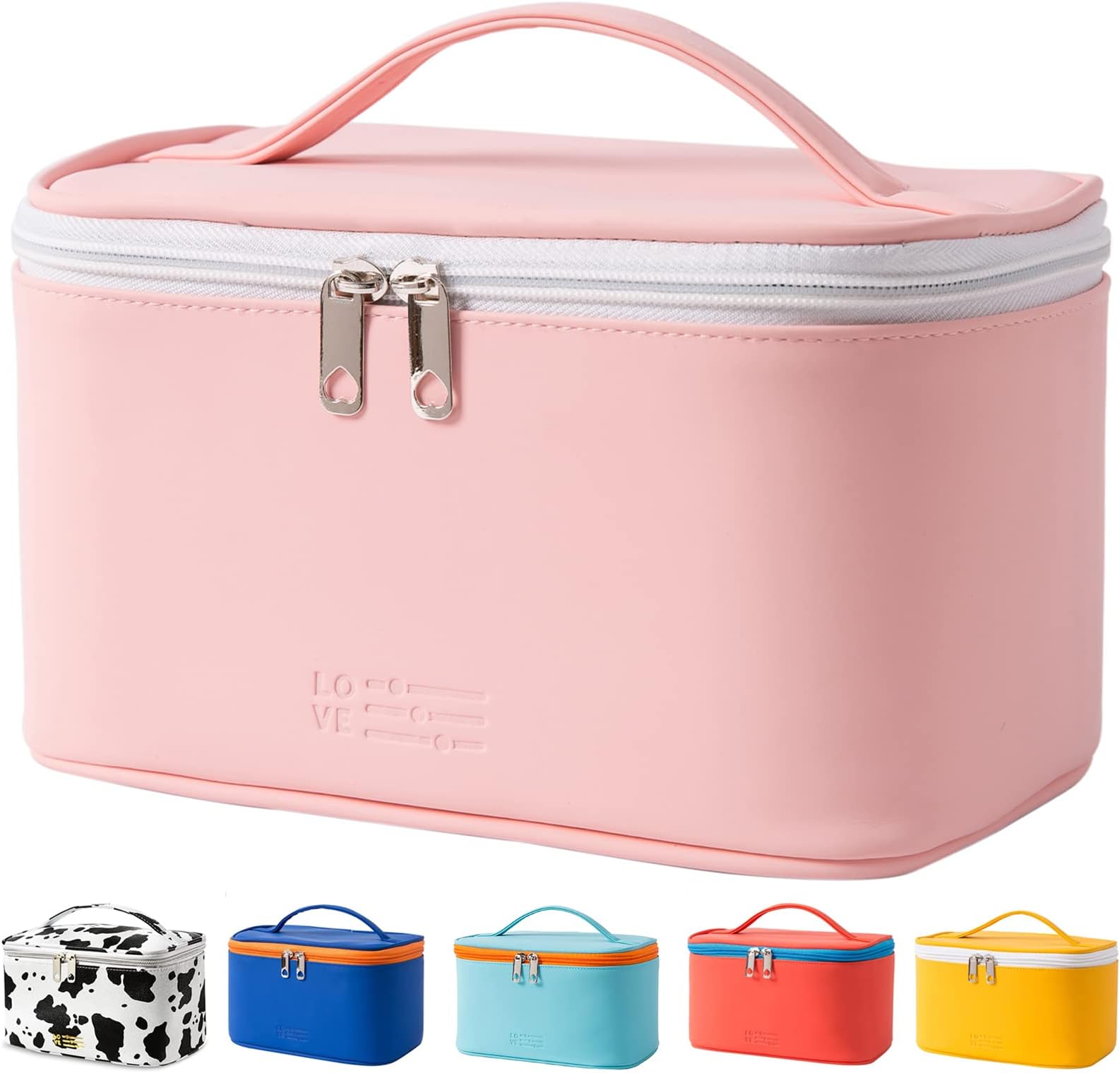 Cosmetic Bag Makeup Bag for Purse Pouch Travel Beauty Zipper Organizer Bag Gifts for Girl Women, PU Leather Washable Waterproof Pink