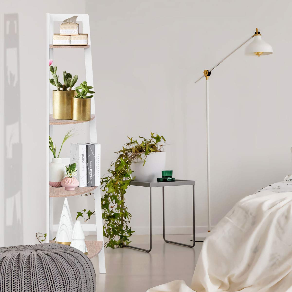 DREAMADE Etagère d’Angle, Bibliothèque d’Angle, Meuble d’Angle à 4 Niveaux en Bois avec Style Echelle pour Salon, Chambre, Salle de Bain, Bureau, Balcon 32 x 32 x 138CM Blanc