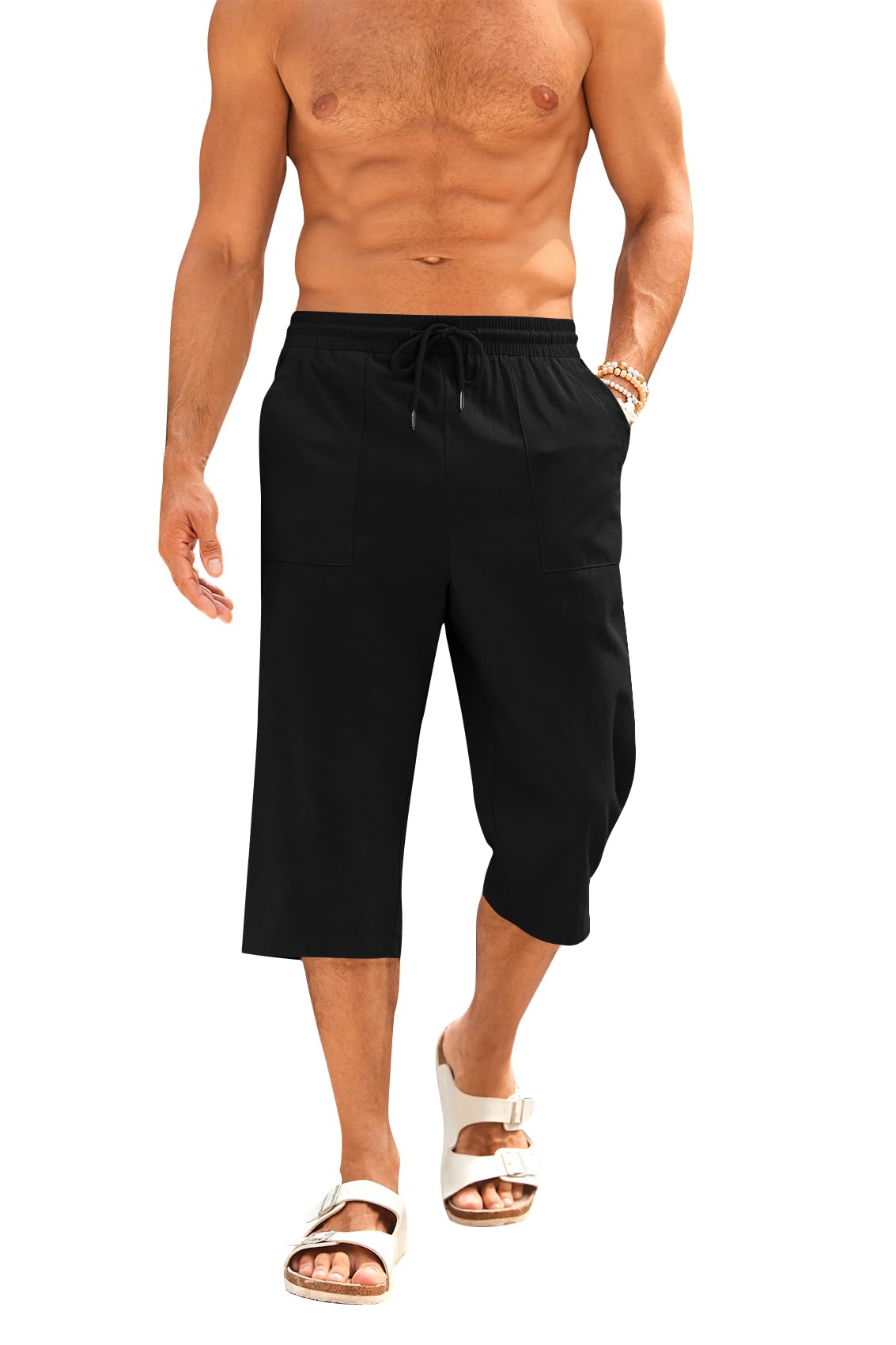 Runcati Kurze Hosen Herren Baumwolle Leinen Bermuda 3/4 Länge Sommerhose Yoga Jogger Casual Sweatpants Sportshorts Freizeithose Sweatshorts Herrenhose mit Taschen