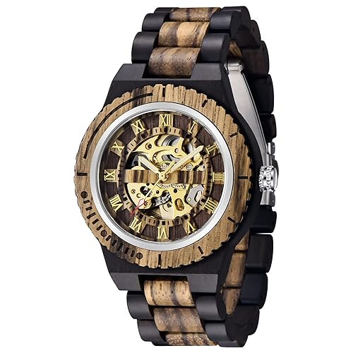 Dentily Men's Wooden Mechanical Watch Skeleton Automatic Movement Wood Watch