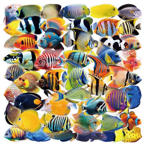 50 calcomanías de peces marinos para laptop, coche, álbum de recortes, teléfono, monopatín, maleta, equipaje, bicicleta, peces, vinilo transparente, impermeable, estético, personalizable, para adultos