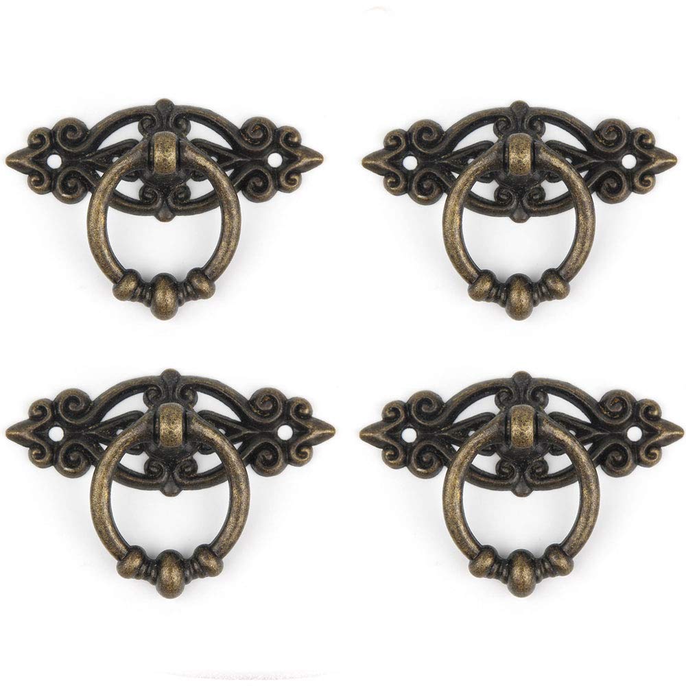 SagaSave 4Pcs Vintage Pull Handle, Retro Ring Handle, Antique Zinc Alloy Pull Handles Knobs for Cabinet, Drawer, Gate, Wardrobe, Cupboard - Green Bronze