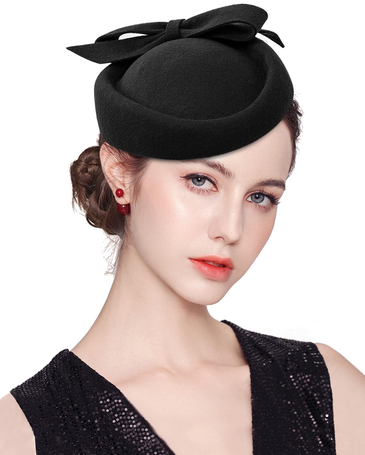 ELLYDOOR Wool Fascinator Pillbox Hat Winter British Wool Felt Hat for Women Wedding Church Hat Flower Fedoras, 2023 Black, One Size