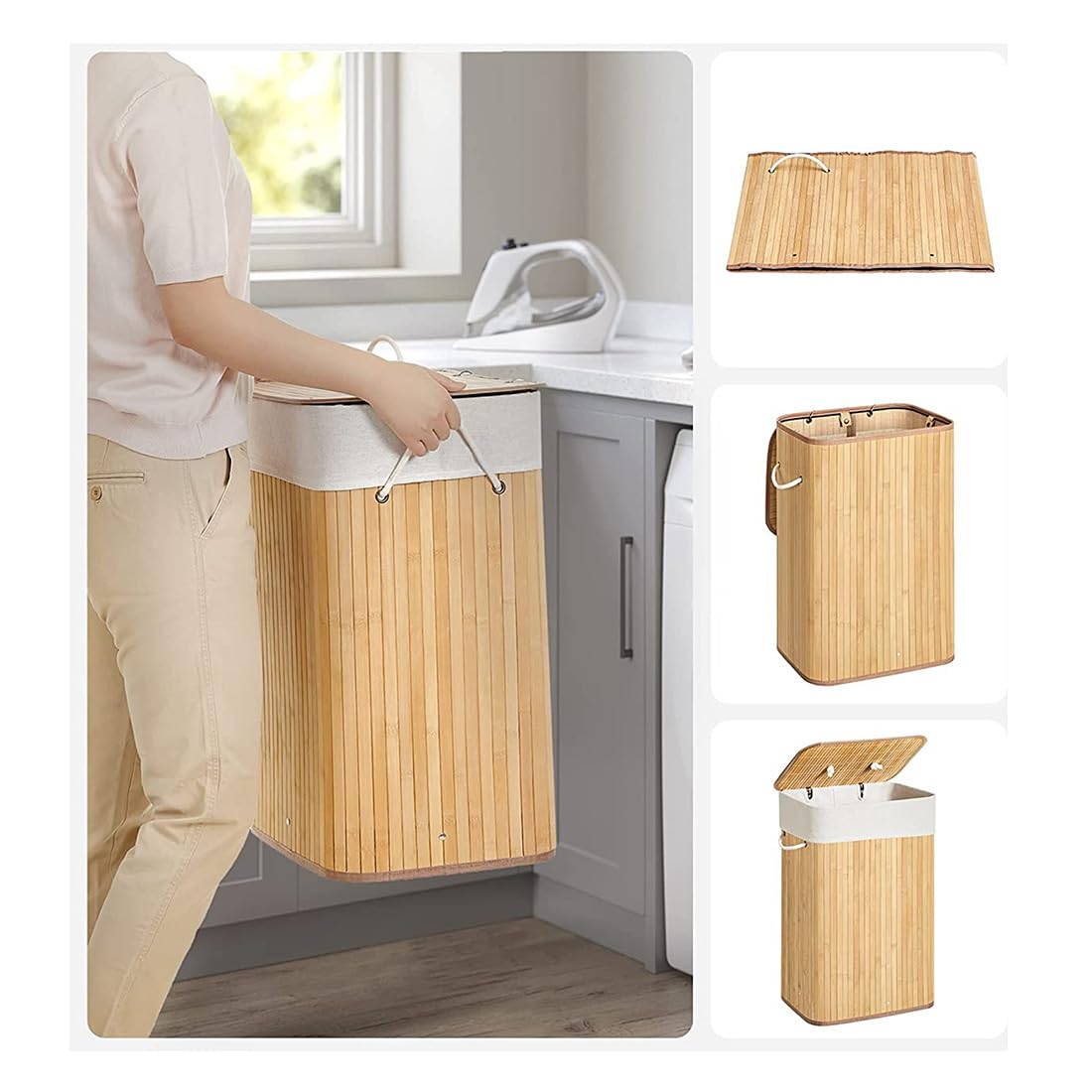 Acomoda Textil – Cesta de Bambú Plegable con Tapa y Asas para Lavandería de Gran Capacidad. Cesto Grande Organizador para la Ropa con Bolsa Extraíble y Lavable Color Madera. (40x30x50 cm)