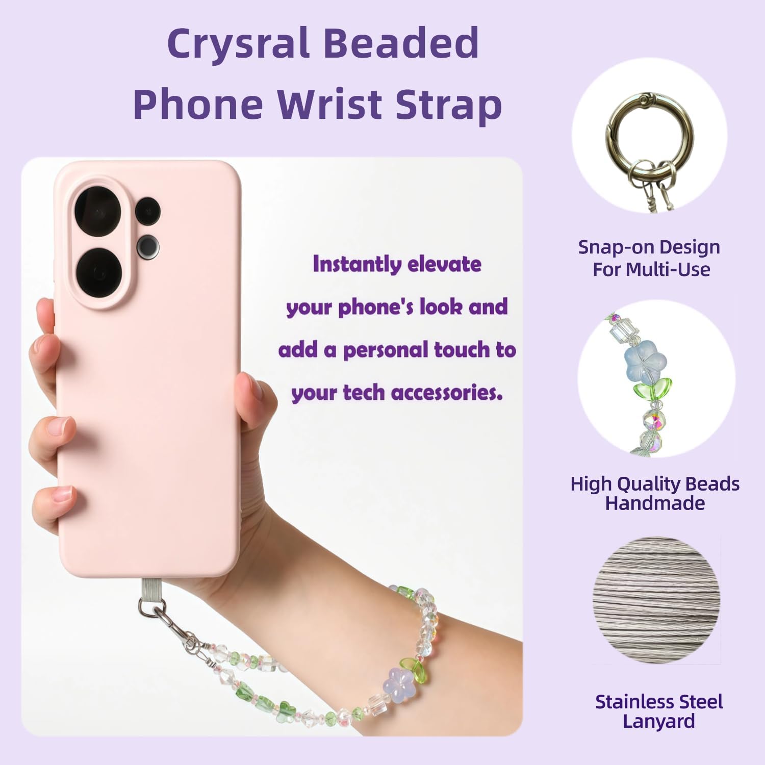 Colorful Crystal Beaded Phone Wrist Strap -Cell Phone Lanyard Hands-Free Wrist Strap, Detachable Wristlet Strap，Gift for Women - Image 2
