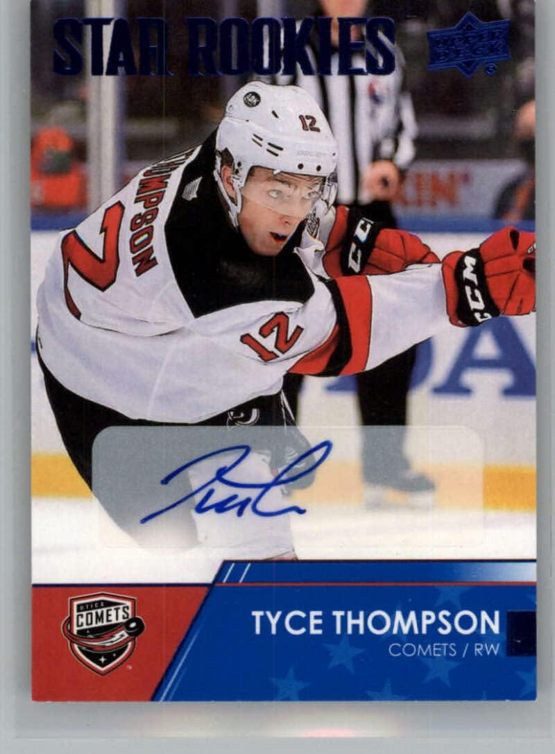 2021-22 Upper Deck AHL Autographs #137 Tyce Thompson RC Rookie Card Auto Autograph Utica Comets Star Rookies Official American Hockey League Card in Raw (NM or Better) Condition