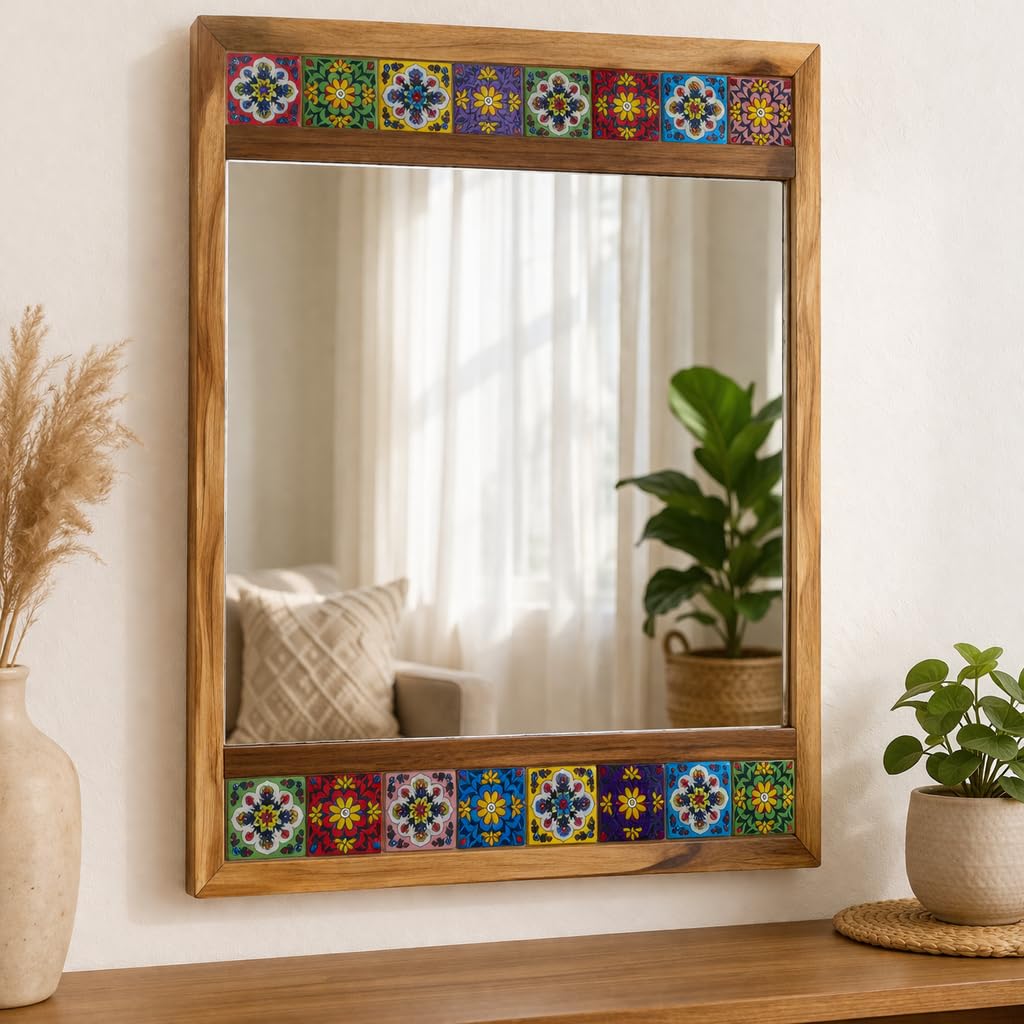 Decorative Wall Mirror with Wooden Frame & Colourful Ceramic Tiles Multicolour Mosaic Bathroom & Living Room Mirror for Home Décor (53.5 x 43.5 cm)-image-35