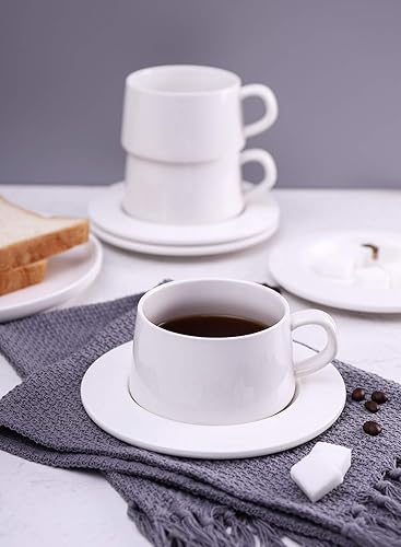 Miniatura 6 de Kanwone Tazas apilables de porcelana para capuchino con platillos, 8 onzas para bebidas de café especiales, capuchino, café con leche, americano y