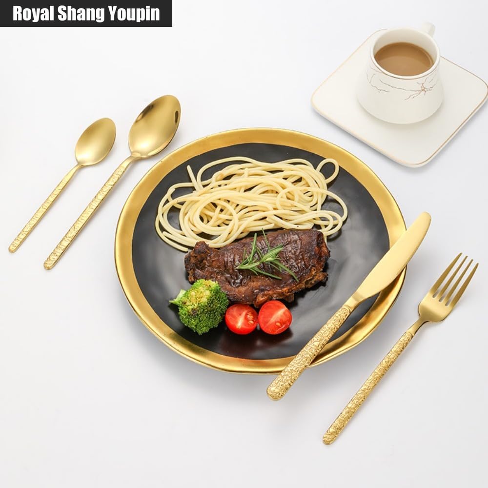 Manico in Rilievo Con Motivo in Pietra Cucina Posate in Acciaio Inossidabile Stoviglie Posate Set Di Posate Coltello Da Bistecca Forchetta Cucchiaio Cucchiaino (Oro rosa,20 pezzi)