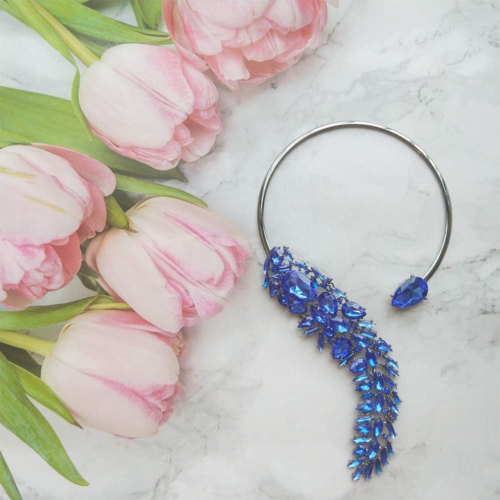 Royal Blue Chunky Necklaces Costume Jewelry for Women - Valentines Day Gifts - Crystal Feather Open Collar Necklace with Navy Blue Stone - Image 7