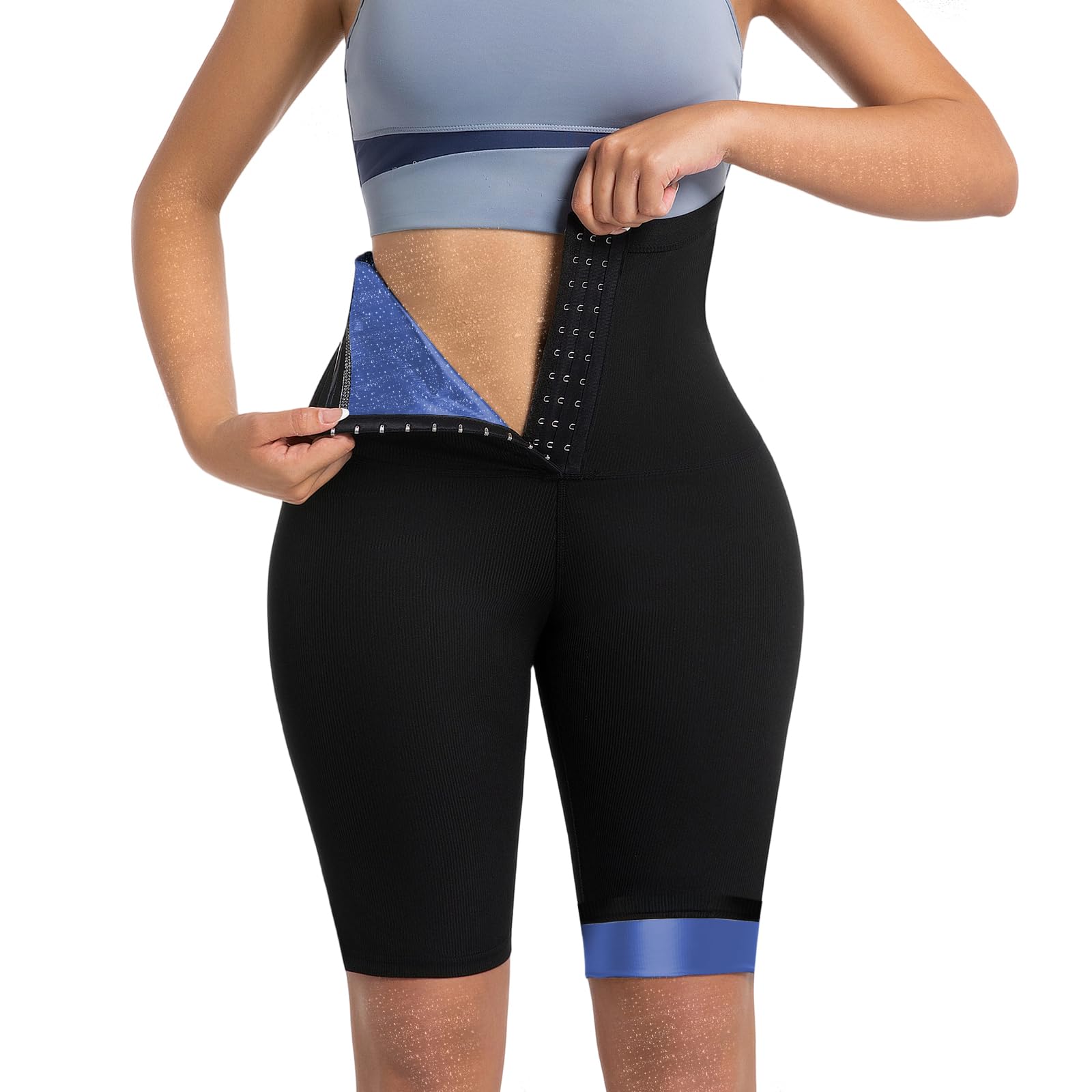 meiosuns Sauna Sweat Shorts for Women Weight Loss Ribbed High Waisted Pants Waist Trainer Workout Compression Shaper-picture-16