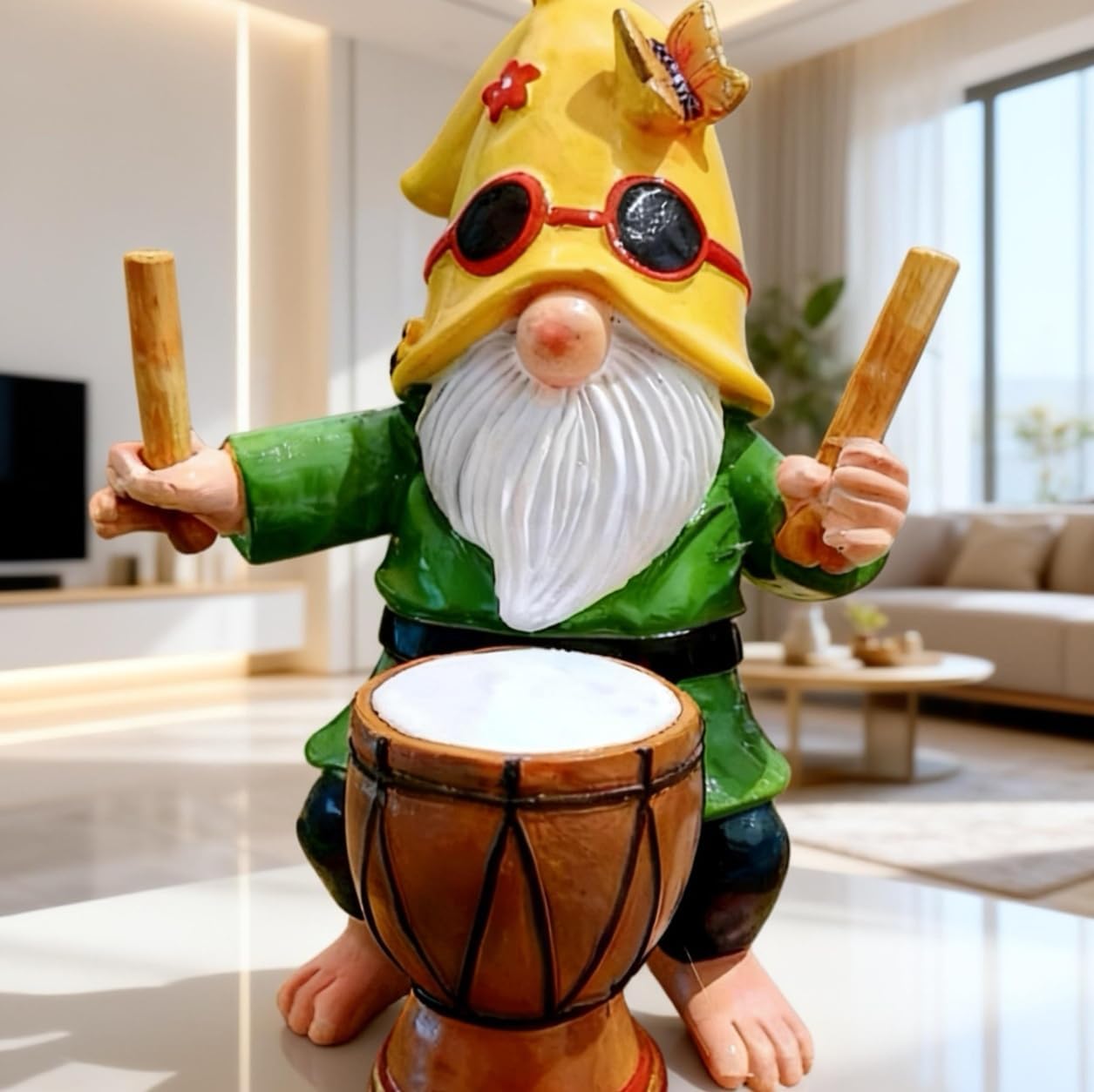 Garden Gnome Outdoor Decorative Statue, Yellow Hat with Sunglasses, Green Outfit, Drummer Design for Patio and Lawn Decor - Image 5