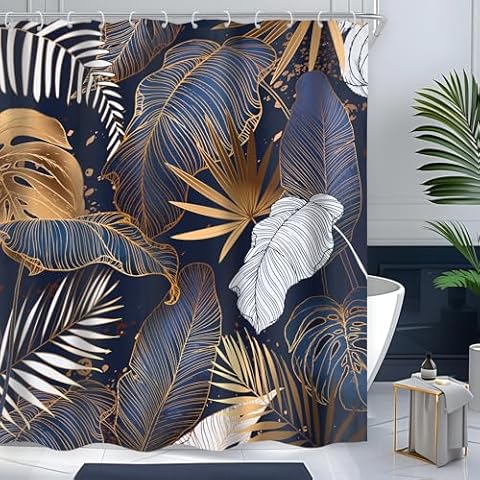 Cinbloo Navy Blue Shower Curtain 60Wx72H Tropical Shower Curtain Abstract White Gold Palm Leaves Hawaiian Monstera Bathroom Curtain Modern Botanical Brown Plant Bathroom Decor Fabric 12 Hooks Cover