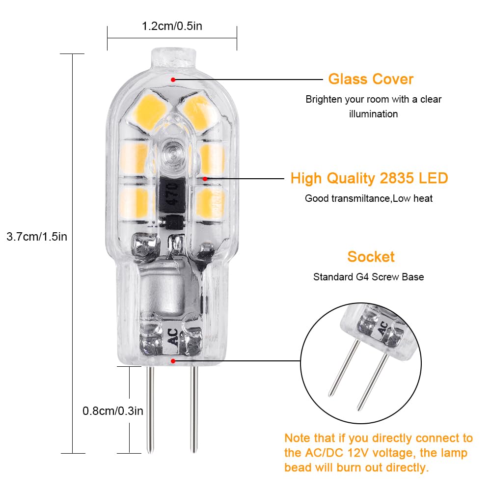 Vicloon G4 LED-lamp, [pak van 10] LED-lamp G4 LED-lamp transparant warm wit 2W 130lm vervanging voor 15W halogeenlampen 12V AC/DC, 3000K, 360 graden stralingshoek gloeilamp