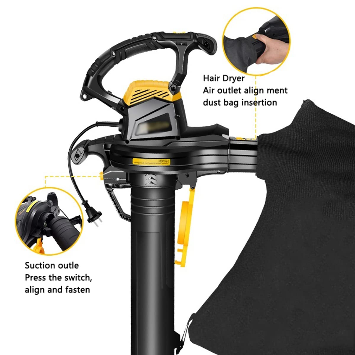 Soplador de Hojas, aspiradora de jardín de 3800 W, trituradora y soplador con 6 velocidades Variables, 3 en 1, Bolsa recolectora de 40 L, para Jardines, césped, Hojas y Nieve.