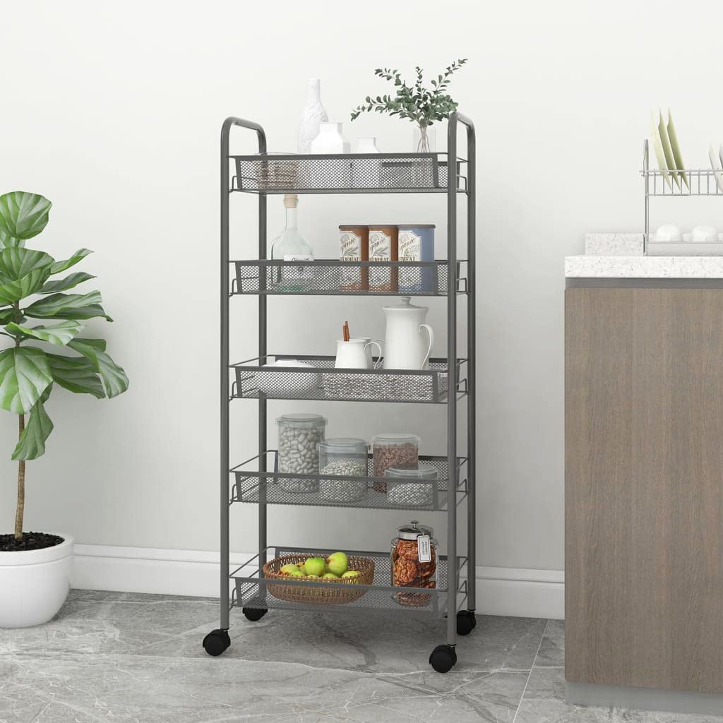 Mangloder - Carrito de cocina gris de hierro de 5 niveles, 46 x 26 x 105 cm, ruedas con 4 ruedas y frenos, carrito de servir, carrito auxiliar, carrito auxiliar multiusos para cocina, baño, oficina y