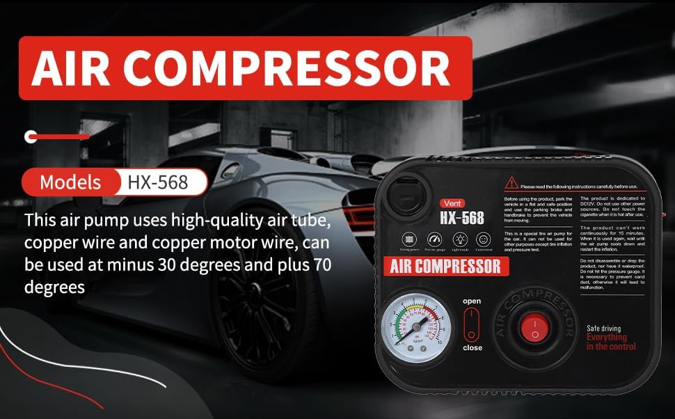 Miniatura 5 de Inflador de neumáticos portátil, compresor de aire, presión de la bomba con medidor de neumáticos de emergencia y ventilación de luz LED para