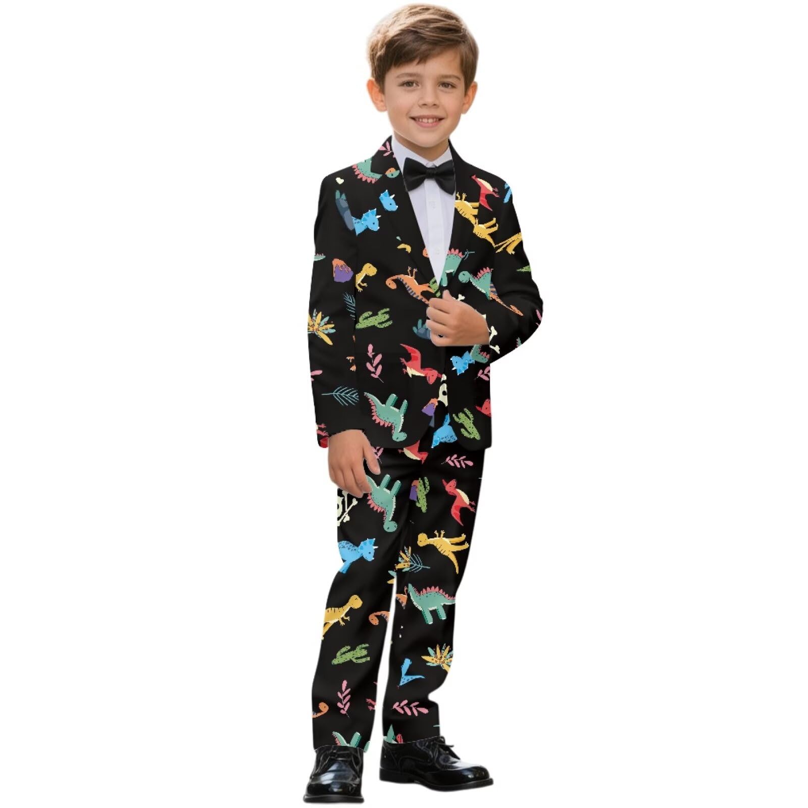 Biyejit 2-teiliges Anzug-Set für Jungen, mit einem Knopf, Blazer und Hose, lässige Smokingjacke, Alter 5–14 Jahre, Dinosaurier, 9-10 Jahre