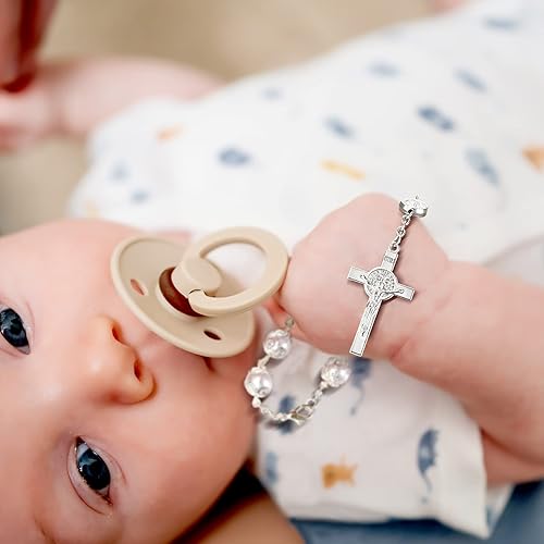 Miniatura 3 de MTLEE Mini pulsera de bautismo con rosario para niños, niñas y mujeres, recuerdos de bautizo con bolsas de organza, cuentas de oración para