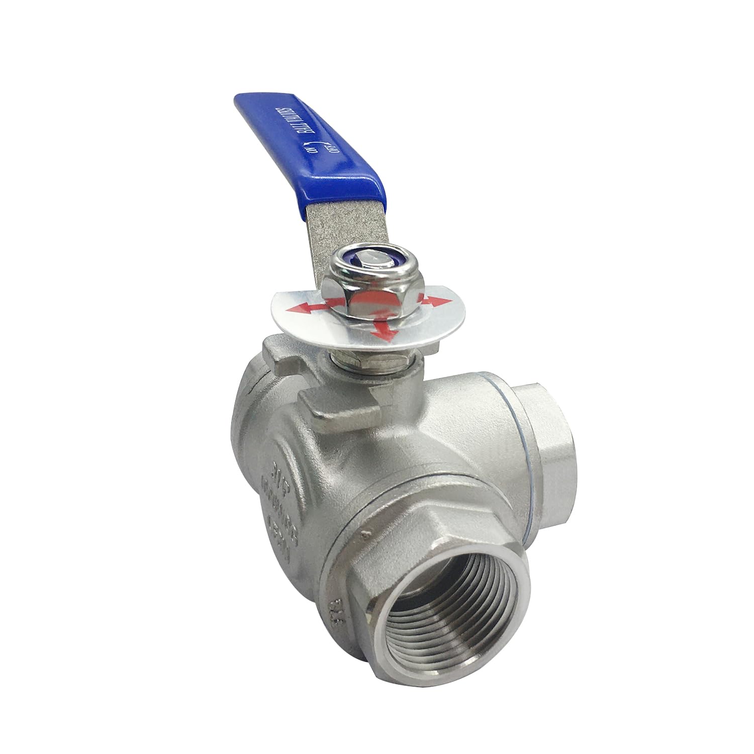 Beduan Válvula de bola de 3 vías de acero inoxidable 304 T, almohadilla de montaje tipo hembra para agua, aceite, combustible y gas con mango de bloqueo de vinilo (1 pulgada NPT)