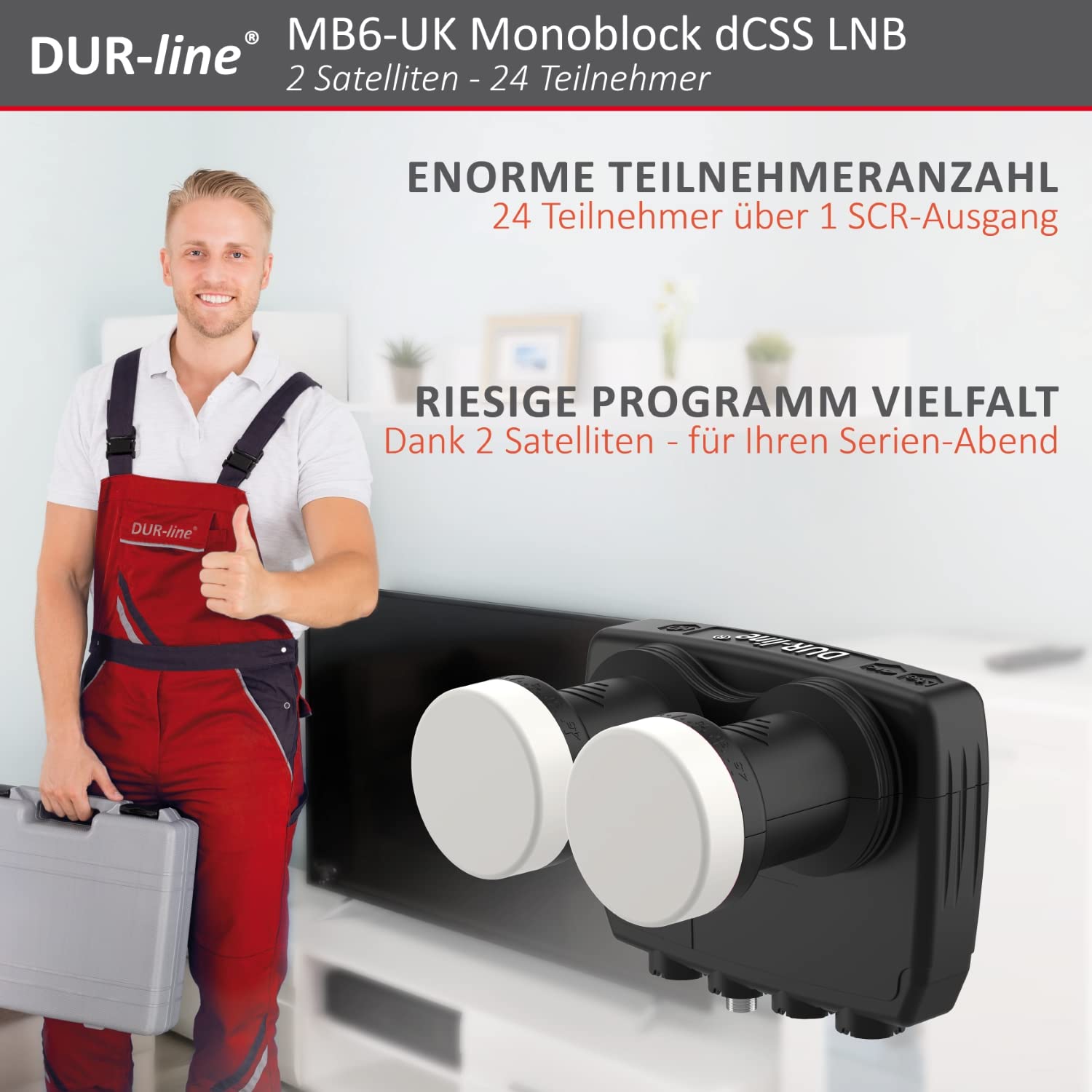 DUR-line 6° Monoblock Unicable LNB – Astra 19,2°E + Hotbird 13°E – 24 participantes y 2 satélites (MB6-UK) – Doble LNC con función de cable – Full HD, 4K, 8K, 3D – Resistente a la intemperie +