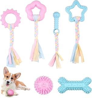 Ailvor Kauspielzeug Hund, 6 Stück Kauspielzeug Welpen, Gummi Welpen Spielzeug mit Baumwollseilen für Hunde zur Linderung von Ängsten, Reinigung der Zähne product image