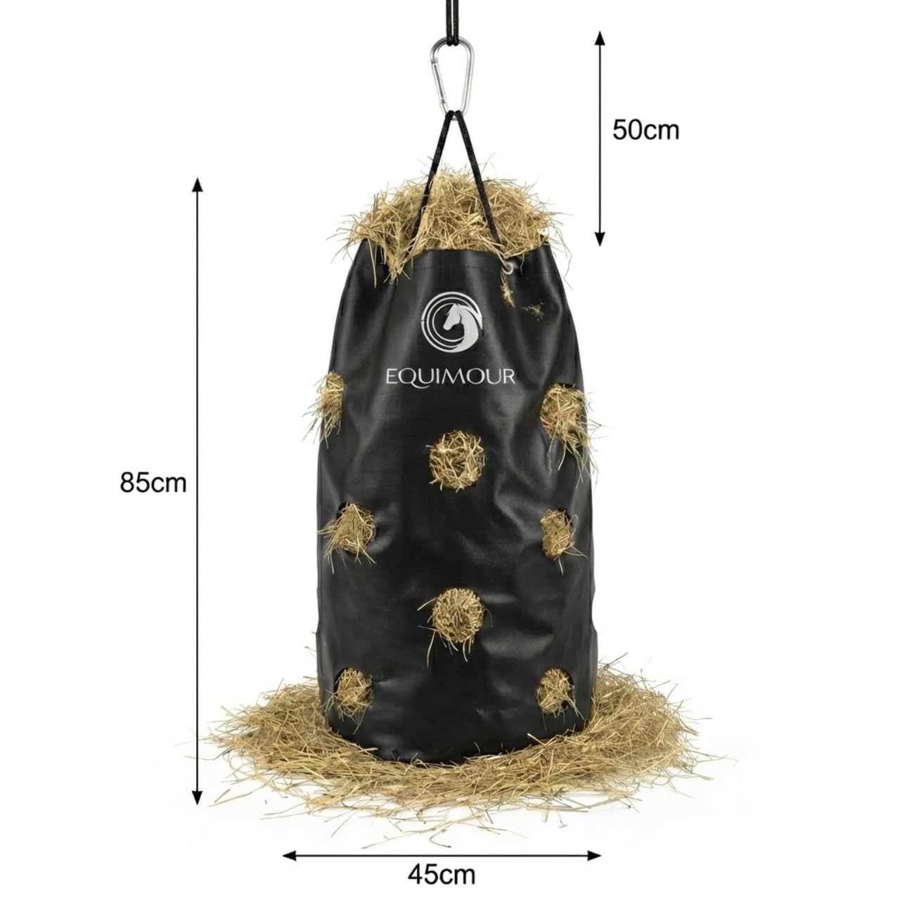 Hay Bag Sac à foin 195 l - Filet à foin pour chevaux avec mousqueton et sac de transport - Slow Feeder - Environ 10 kg de foin - Robuste et résistant aux intempéries
