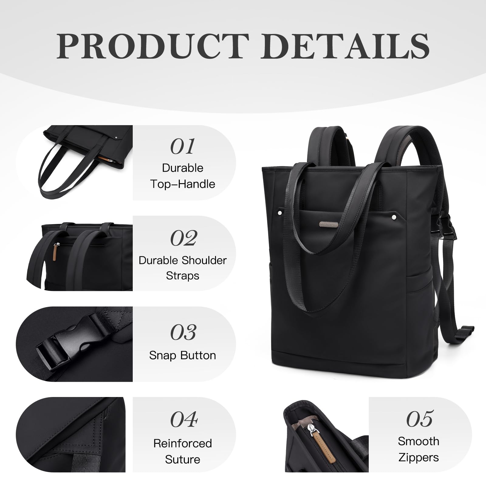 Rucksack Damen 16 Zoll, Laptop Schulrucksack Wasserdicht, Schultasche Women Elegant Tagesrucksäcke Handtasche 2 in 1 Arbeitstasche Lehrertasche Reiserucksack für Uni Büro,Schwarz