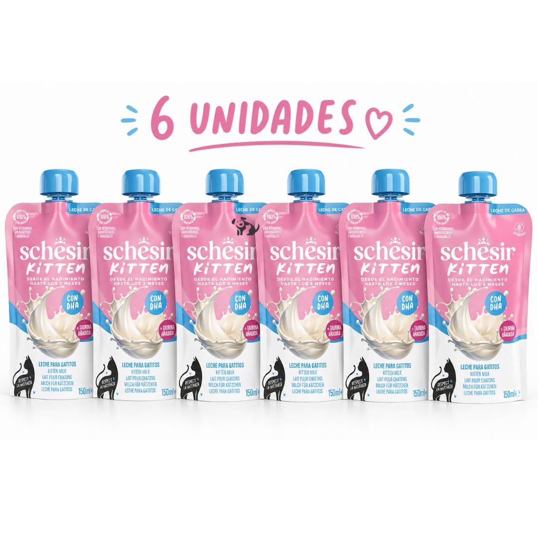ANIMALUJOS - Kit Lactancia Gatitos con 6xLeche de Cabra Schesir 150ml Incluye Biberón Tetina Cepillo, Alimento Completo Sin Cereales con DHA Taurina para Cachorros Recién Nacidos